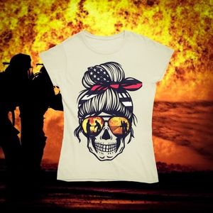 Custom Skull firetfighter messy bun graphic tee